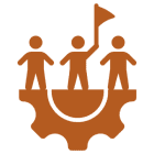 Three figures with flag on gear icon.