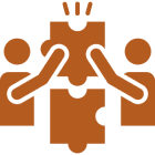 Three figures assembling puzzle pieces together.