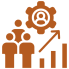 People, gear, arrow, and bar graph icons.