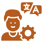 Person with gear and language icons.